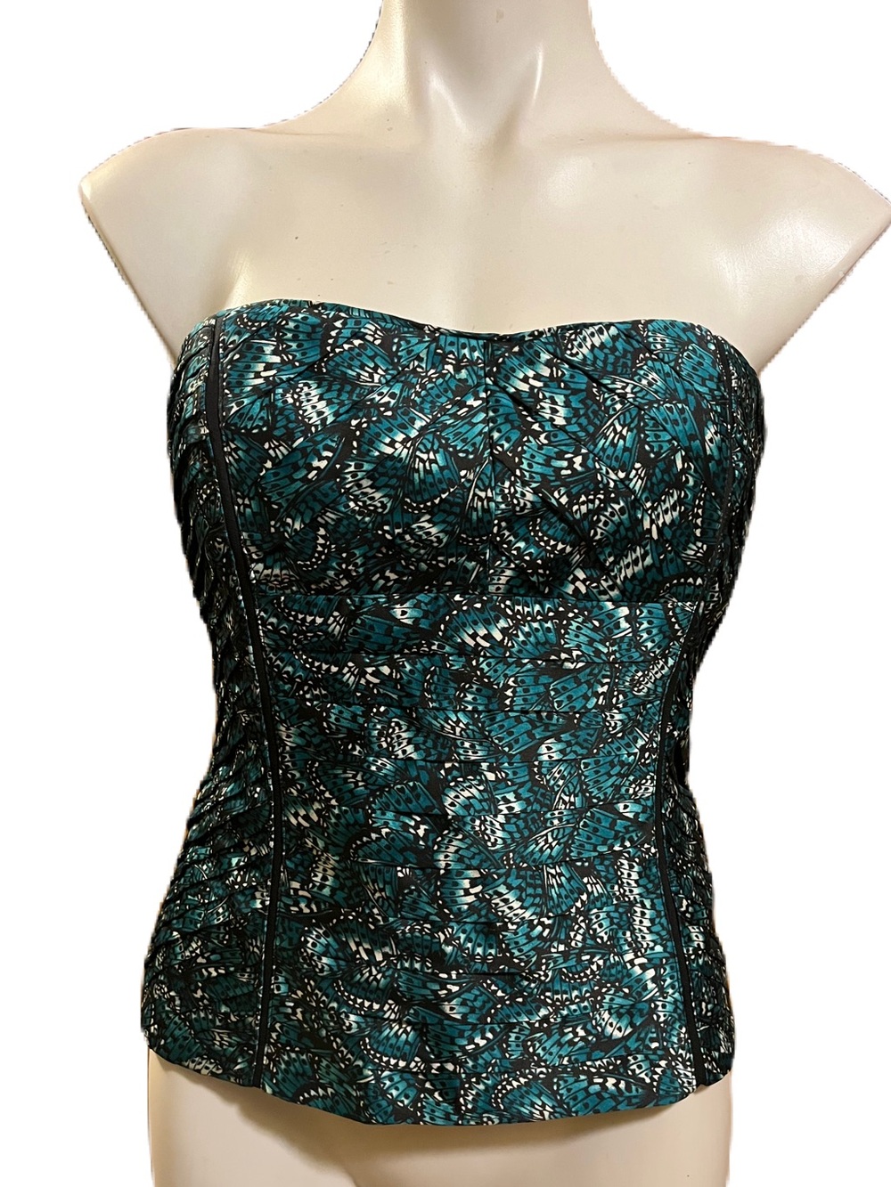 White House Black Market Strapless Teal & Black Pleated Butterfly Print Bustier